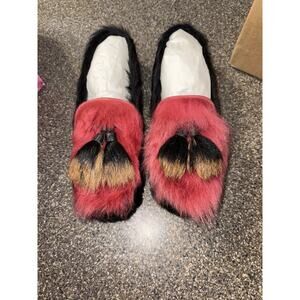 PRADA RUNWAY GOAT LOAFER SLIPPER SHOES 1D892H FUR BLACK RED NIB Size 38